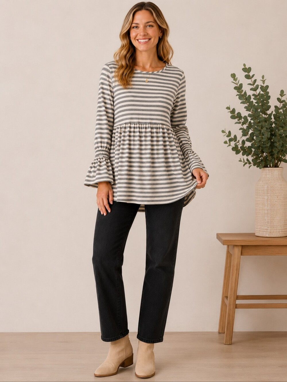 POL 100% Cotton Striped Babydoll Bell Sleeve Tunic Top M A273